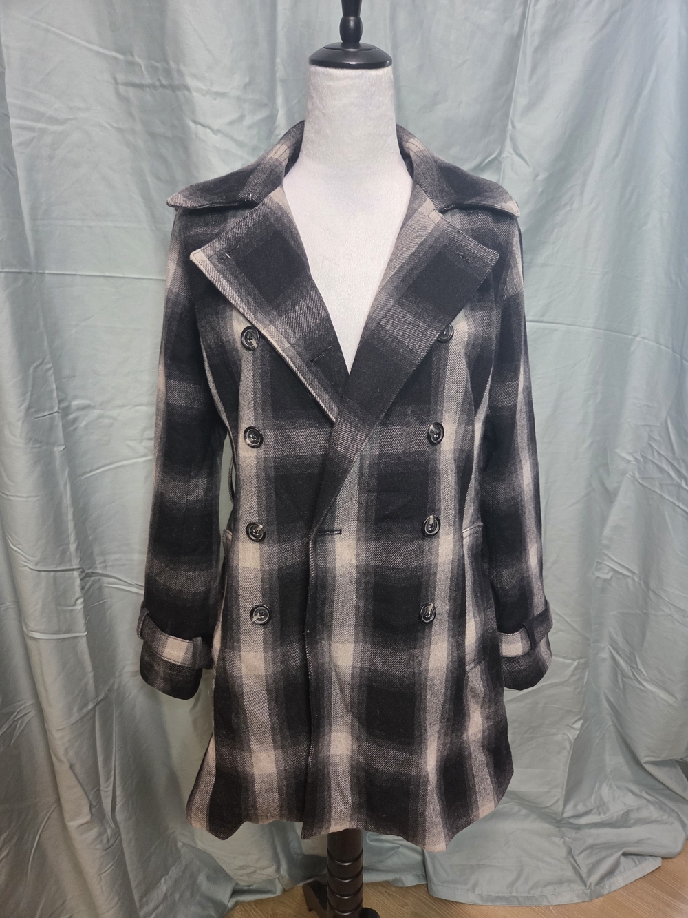 Banana Republic Black and Gray Plaid Double-Breasted Pea Coat